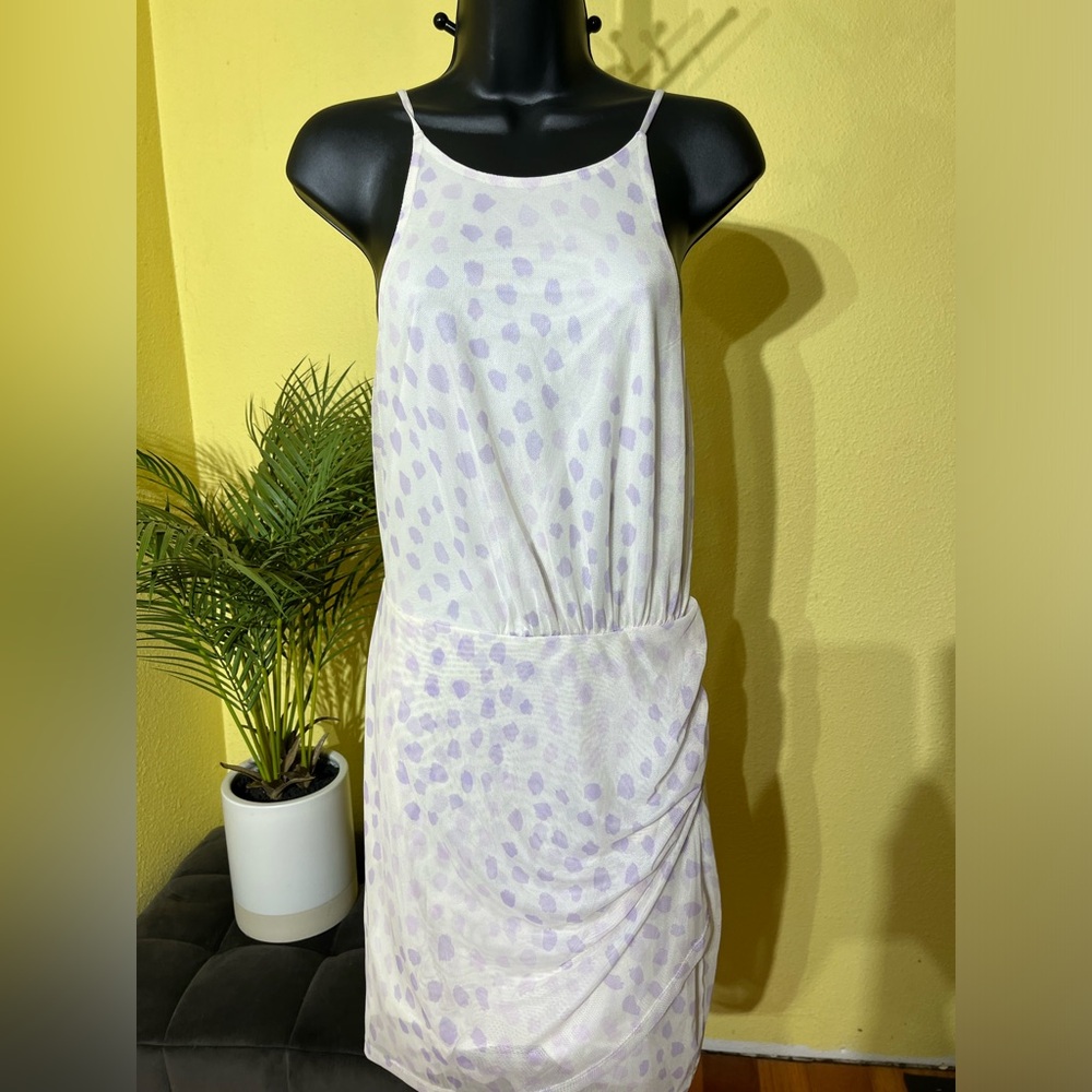 BCBG strapless dress in purple animal print